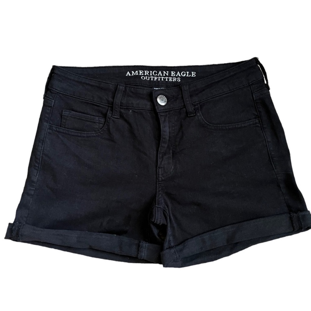 American Eagle Black Super Stretch Denim Midi Shorts Size 6 Cuffed hem